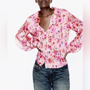 NWT ZARA pink floral print ruffled blouse size L